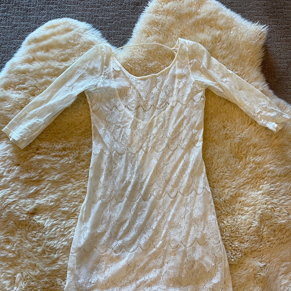 Off WHITE Pre-owned LACE Mesh Sheer Short Half Sleeve Sleep Night Gown Size S